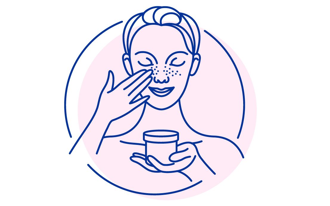 Skingpin logo of a woman with freckles holding a tub of cream